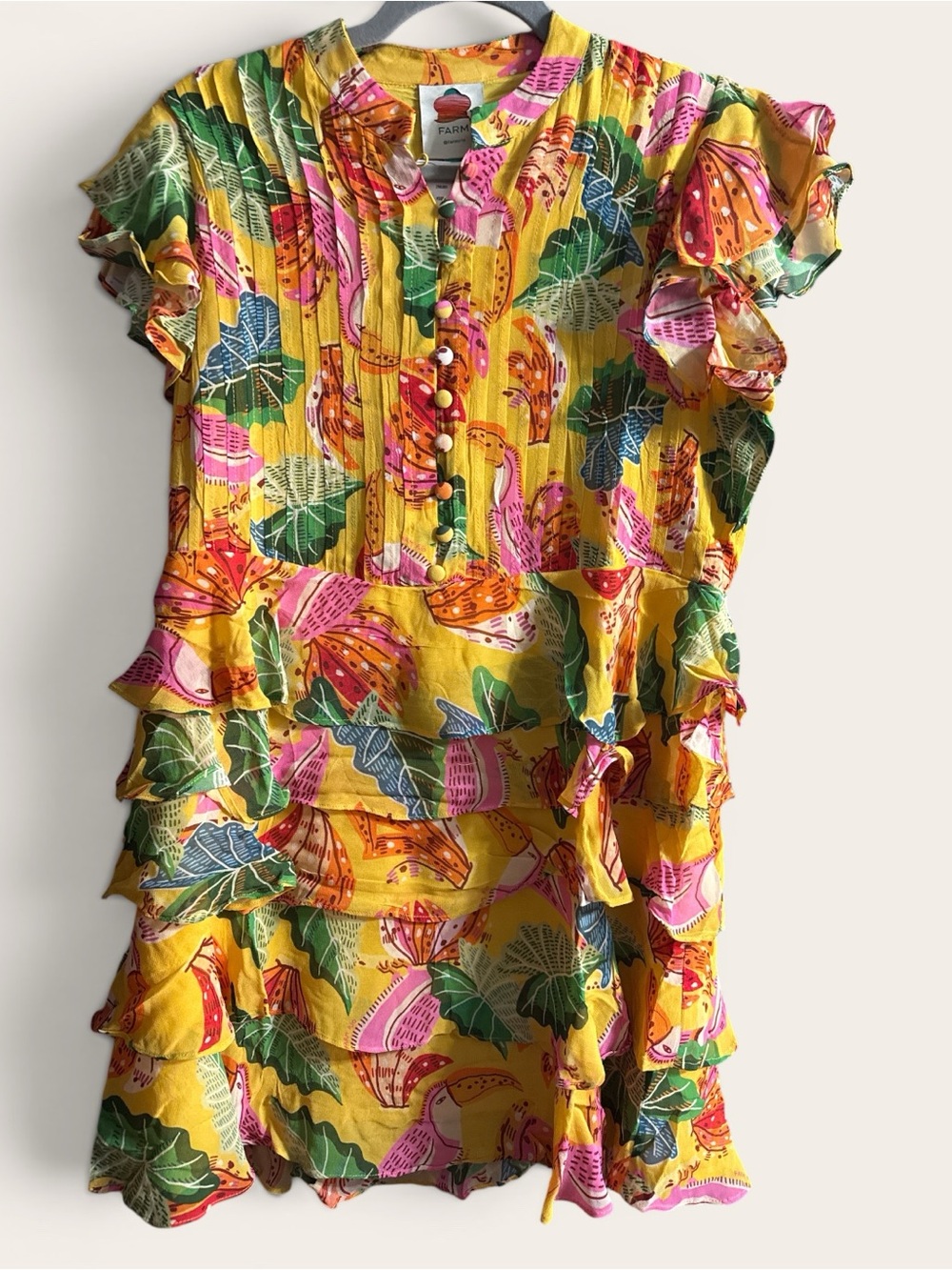 FARM Rio Yellow Tropical Leaf Tiered Ruffle Midi Dress - Picture 3 of 4